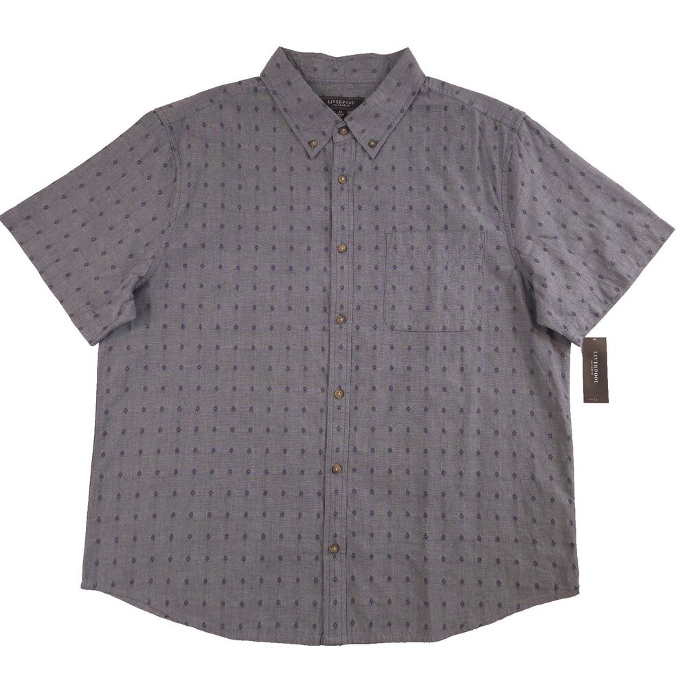 Liverpool Mens Chambray Dobby Button Down Shortsleeve Shirt Blue XL